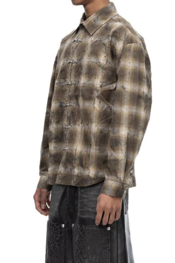 RHINESTONE BUTTON SHIRT - BROWN