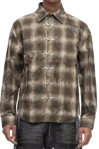 RHINESTONE BUTTON SHIRT - BROWN
